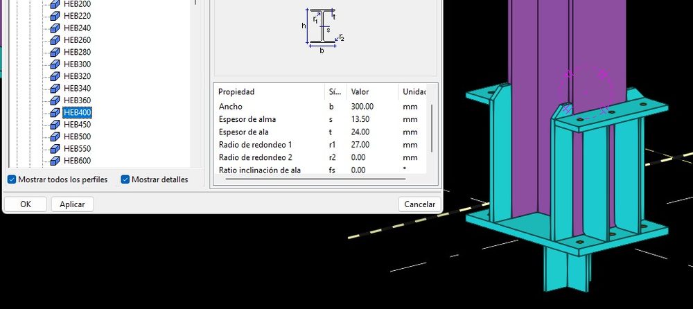 Detalle de conexión soldada en perfil estructural HEB400 modelado en 3D