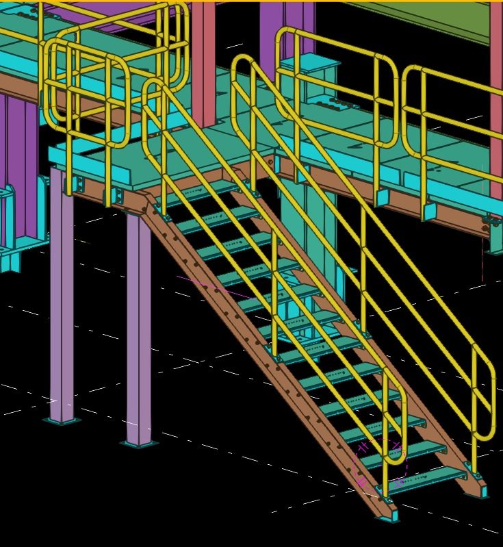 Modelado 3D de escalera de acceso industrial con barandas según NCh