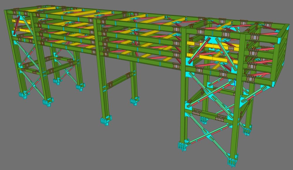 Estructura metálica industrial — rack de tuberías modelado en 3D